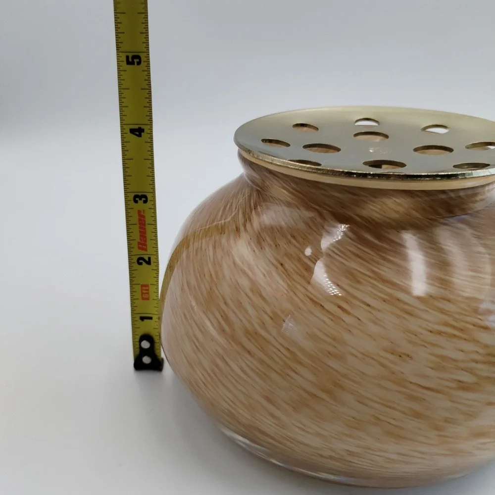 Anthropologie‎ Swirl Glass Rose Bowl Vase Cream Tan Flower Frog Insert Gold Tone